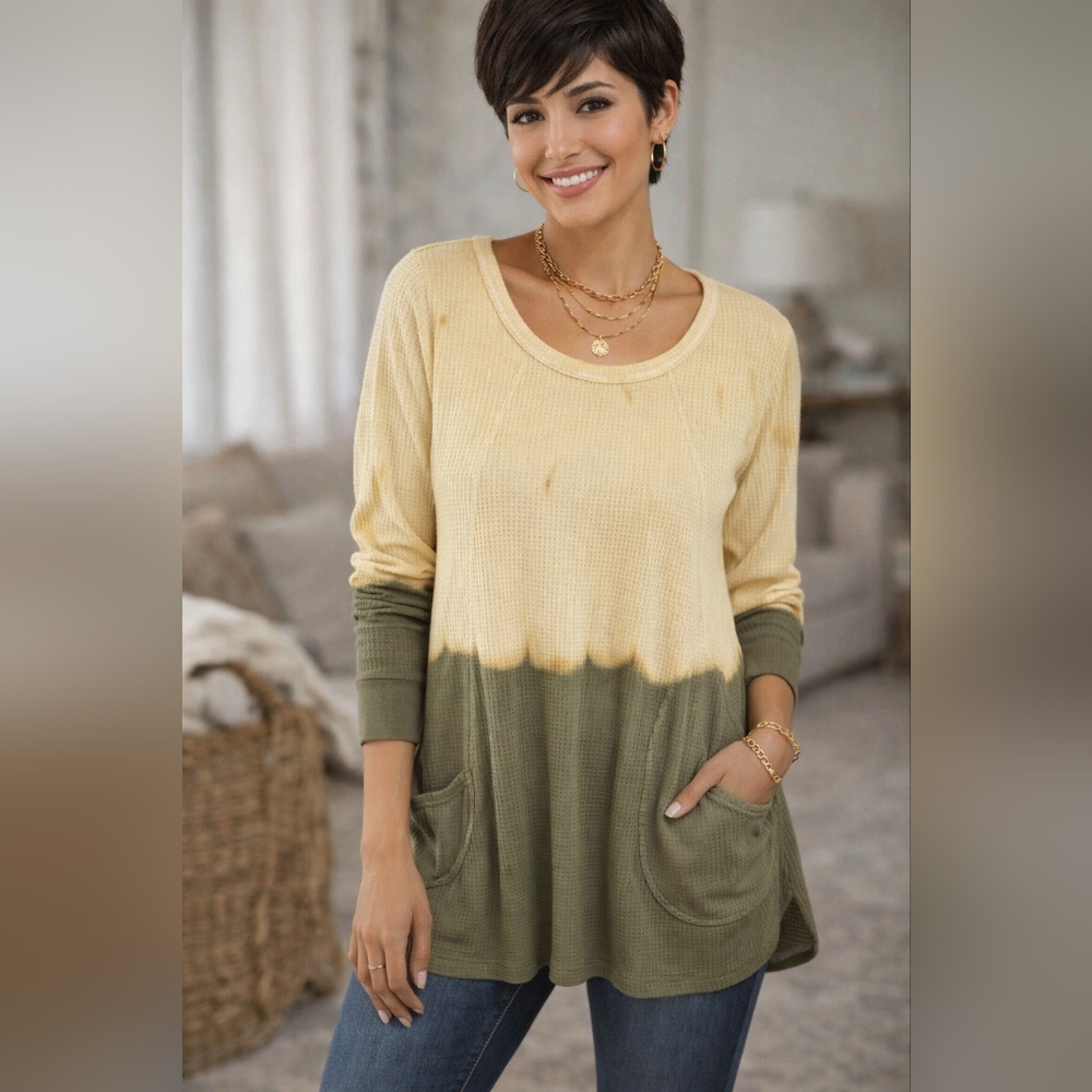 LOGO Waffle Knit Dip Dye Long Sleeve Tunic Top Casual Relaxed Fit Size Small